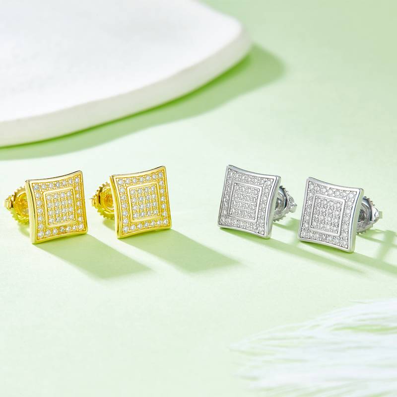 方形双环S925银Stud Earring带螺纹Moissanite厘石D级0.41ct